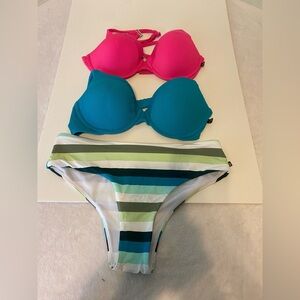 3 PCE la Vie en Rose Bikini -2 Tops/Blue and Pink/1 Bottom Blue/Green/White SzL